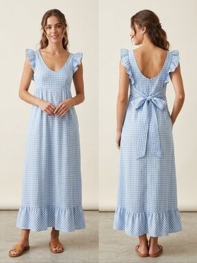 ​Vtg 70s Joy Stevens Blue Gingham Ruffle Maxi Dress Cottagecore Prairie Small